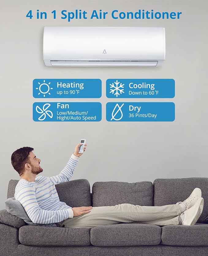 9,000 Btus Mini Split AC, 19 SEER2 Wall Mounted AC with Heat Pump & Installation Kits, alternate product view