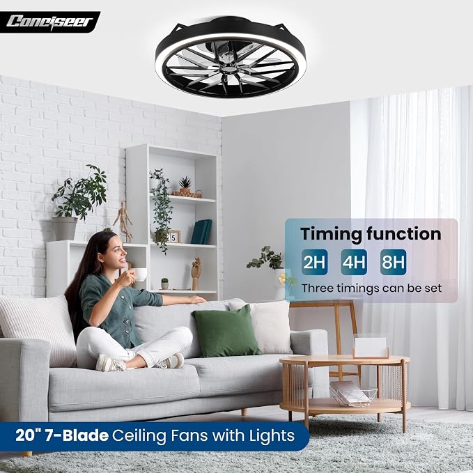 Low Profile Ceiling Fan with Lights, 20 Inch Ceiling Fan with Light and Remote for Bedroom Living Room, 36W 3CCT Dimmable, 7