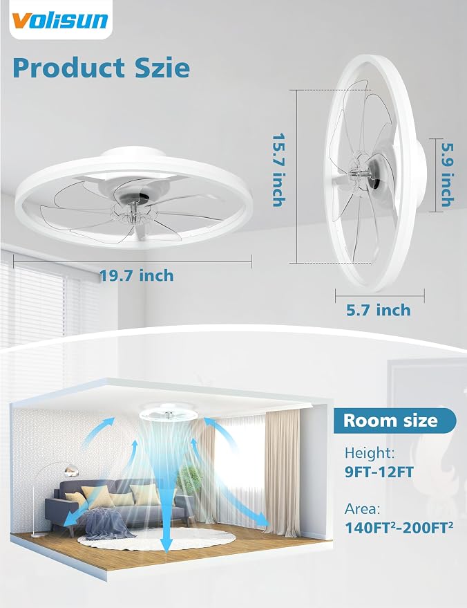 Low Profile Ceiling Fans with Light and Remote, 20in Fandelier Ceiling Fan with Lights, 3000K-6500K Dimmable, alternate view