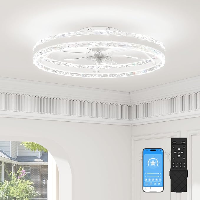 Low Profile Ceiling Fans with Light and Remote, 23.6in Fandelier Ceiling Fan with Light, 3000K-6500K Dimmable Flush Mount LED
