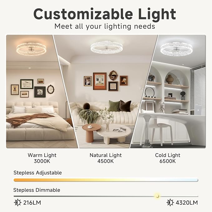 Low Profile Ceiling Fans with Light and Remote, 23.6in Fandelier Ceiling Fan with Light, 3000K-6500K Dimmable Flush Mount LED