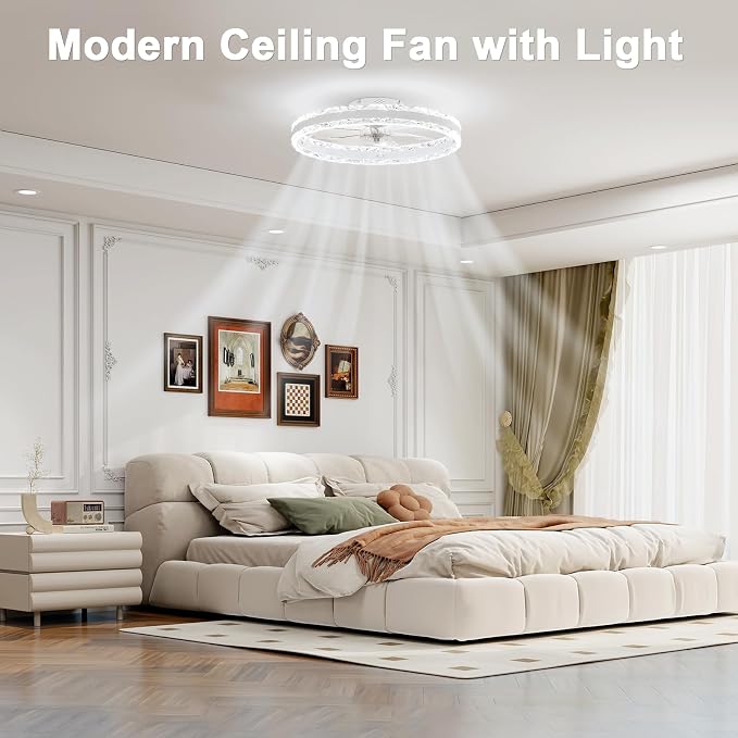 Low Profile Ceiling Fans with Light and Remote, 23.6in Fandelier Ceiling Fan with Light, 3000K-6500K Dimmable Flush Mount LED