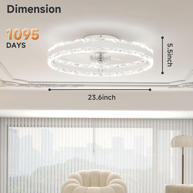 Low Profile Ceiling Fans with Light and Remote, 23.6in Fandelier Ceiling Fan with Light, 3000K-6500K Dimmable Flush Mount LED