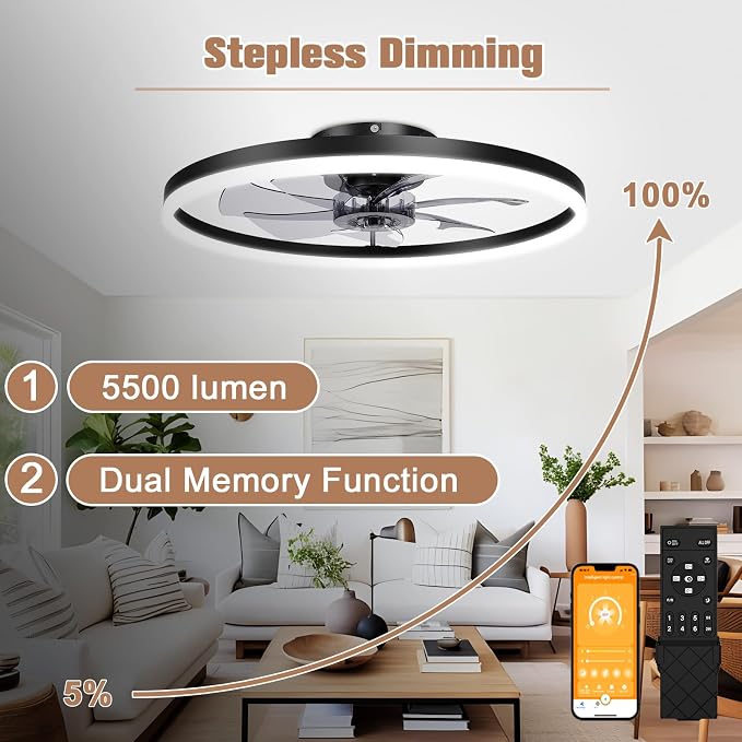 Low Profile Ceiling Fans with Light and Remote,23.6in Fandelier Ceiling Fan with Lights, 3000K-6500K Dimmable, alternate view
