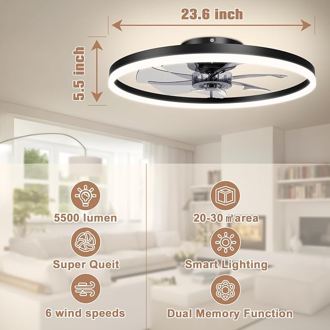 Low Profile Ceiling Fans with Light and Remote,23.6in Fandelier Ceiling Fan with Lights, 3000K-6500K Dimmable, alternate view
