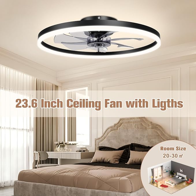 Low Profile Ceiling Fans with Light and Remote,23.6in Fandelier Ceiling Fan with Lights, 3000K-6500K Dimmable, alternate view