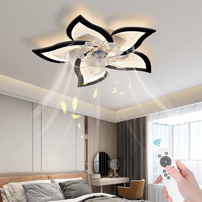 Low Profile Ceiling Fans with Lights,27.2” Black Modern Dimmable Flower Shape Ceiling Light Fan with Remote Control/app