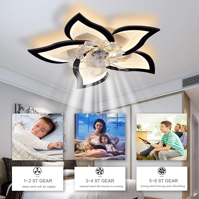 Low Profile Ceiling Fans with Lights,27.2” Black Modern Dimmable Flower Shape Ceiling Light Fan with Remote Control/app