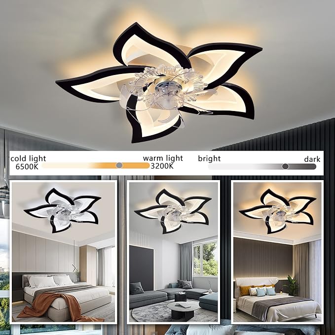 Low Profile Ceiling Fans with Lights,27.2” Black Modern Dimmable Flower Shape Ceiling Light Fan with Remote Control/app