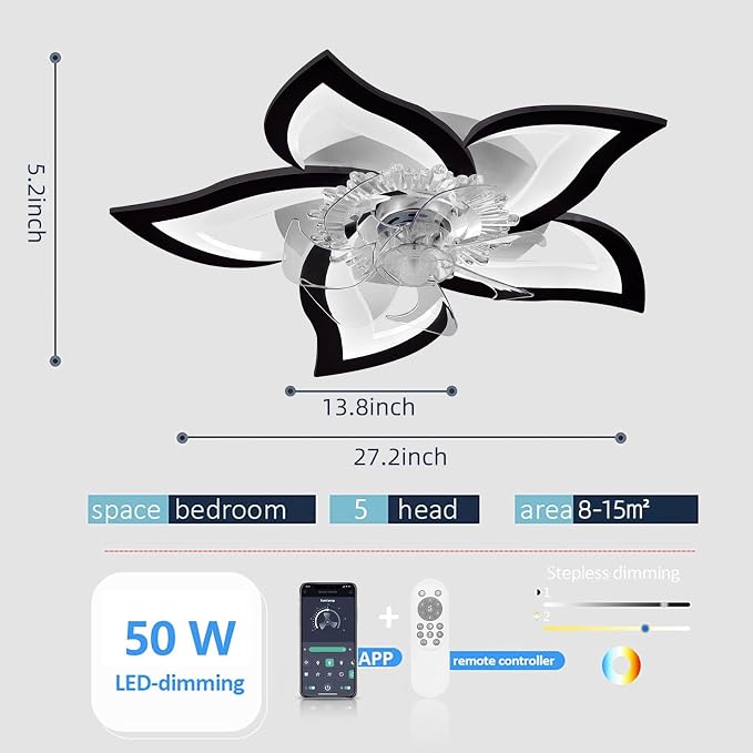 Low Profile Ceiling Fans with Lights,27.2” Black Modern Dimmable Flower Shape Ceiling Light Fan with Remote Control/app