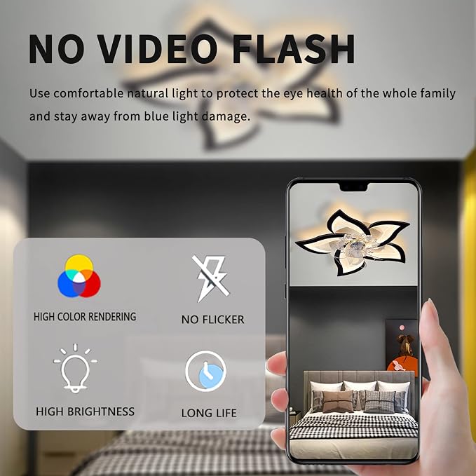 Low Profile Ceiling Fans with Lights,27.2” Black Modern Dimmable Flower Shape Ceiling Light Fan with Remote Control/app