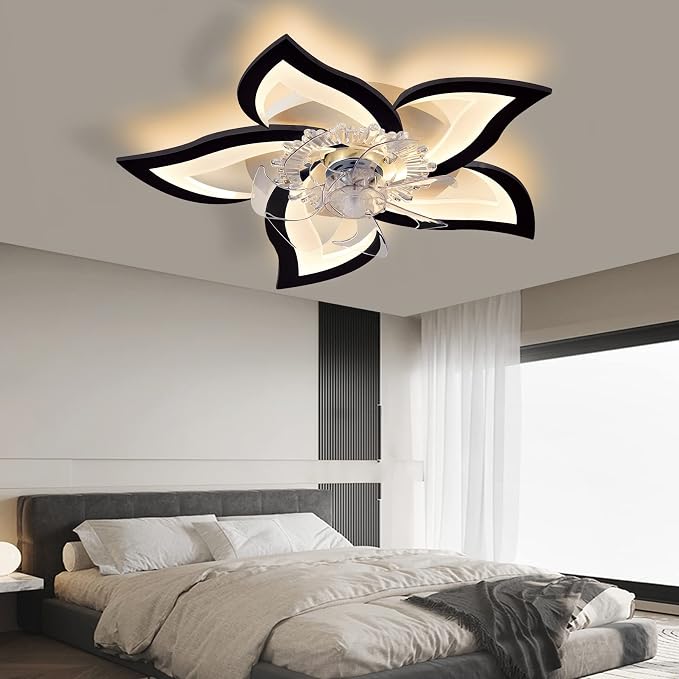 Low Profile Ceiling Fans with Lights,27.2” Black Modern Dimmable Flower Shape Ceiling Light Fan with Remote Control/app