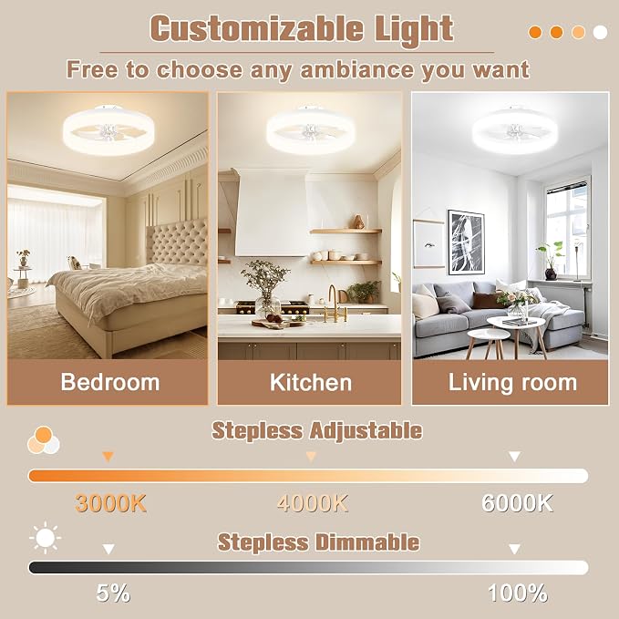 Low Profile Ceiling Fans with Lights and Remote,15.7in Modern Ceiling Fan Flush Mount, 3000K-6500K Dimmable, alternate view 2