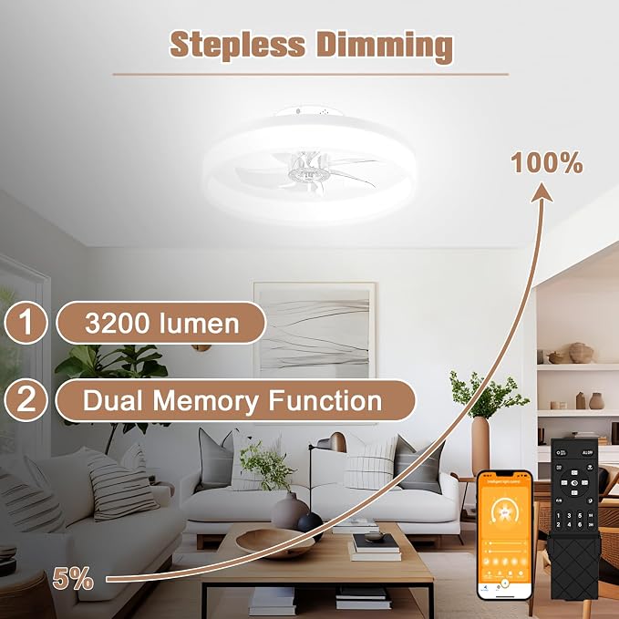 Low Profile Ceiling Fans with Lights and Remote,15.7in Modern Ceiling Fan Flush Mount, 3000K-6500K Dimmable, alternate view 5