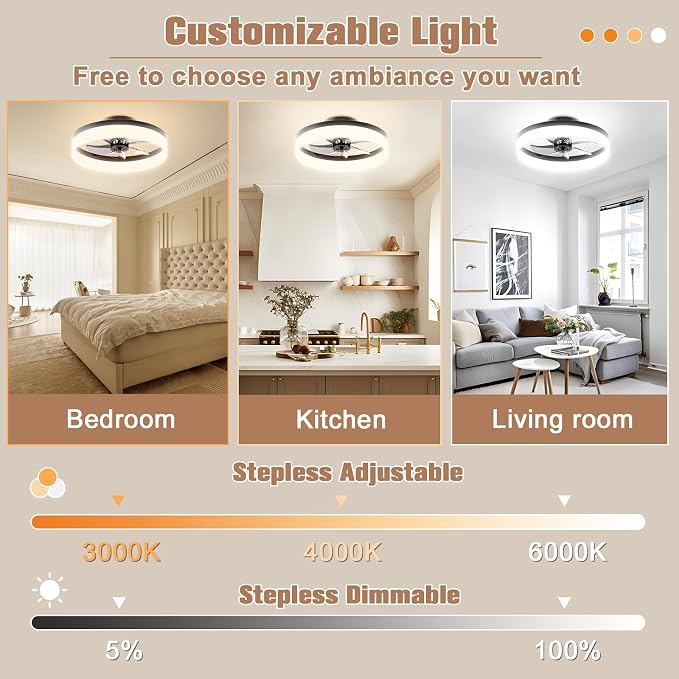 Low Profile Ceiling Fans with Lights and Remote,15.7in Modern Ceiling Fan Flush Mount,3000K-6500K Dimmable, alternate view 2