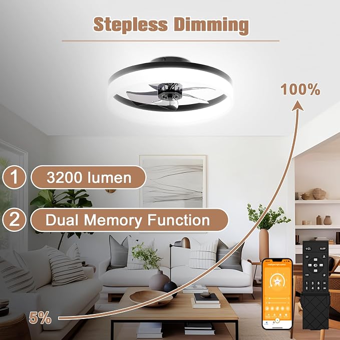 Low Profile Ceiling Fans with Lights and Remote,15.7in Modern Ceiling Fan Flush Mount,3000K-6500K Dimmable, alternate view 4