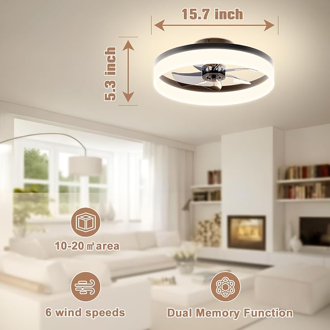 Low Profile Ceiling Fans with Lights and Remote,15.7in Modern Ceiling Fan Flush Mount,3000K-6500K Dimmable, alternate view 6