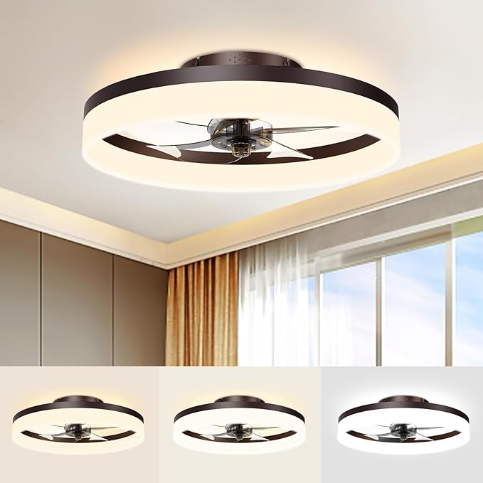 Low Profile Ceiling Fans with Lights and Remote, 19.7in Fandelier Ceiling Fan Flush Mount, 3000K-6500K Smart Bladeless LED