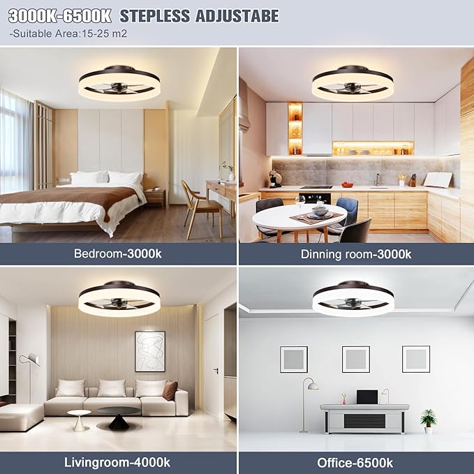 Low Profile Ceiling Fans with Lights and Remote, 19.7in Fandelier Ceiling Fan Flush Mount, 3000K-6500K Smart Bladeless LED