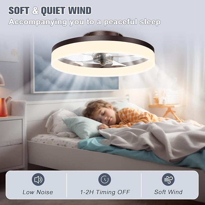 Low Profile Ceiling Fans with Lights and Remote, 19.7in Fandelier Ceiling Fan Flush Mount, 3000K-6500K Smart Bladeless LED