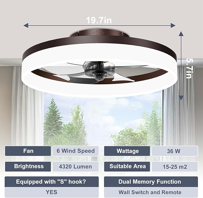 Low Profile Ceiling Fans with Lights and Remote, 19.7in Fandelier Ceiling Fan Flush Mount, 3000K-6500K Smart Bladeless LED