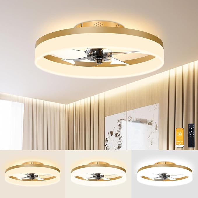Low Profile Ceiling Fans with Lights and Remote, 19.7in Fandelier Ceiling Fan Flush Mount, 3000K-6500K Smart Bladeless LED