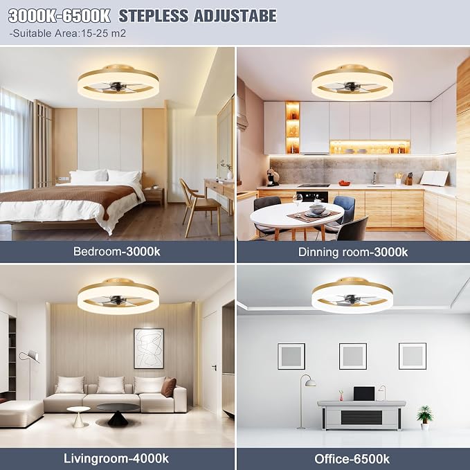Low Profile Ceiling Fans with Lights and Remote, 19.7in Fandelier Ceiling Fan Flush Mount, 3000K-6500K Smart Bladeless LED