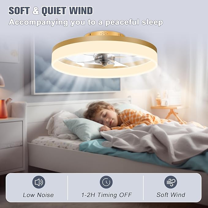 Low Profile Ceiling Fans with Lights and Remote, 19.7in Fandelier Ceiling Fan Flush Mount, 3000K-6500K Smart Bladeless LED
