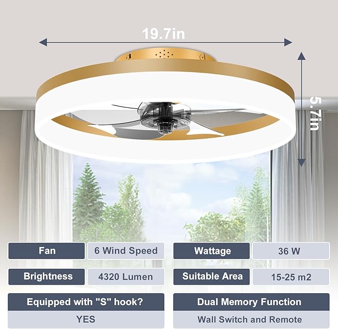Low Profile Ceiling Fans with Lights and Remote, 19.7in Fandelier Ceiling Fan Flush Mount, 3000K-6500K Smart Bladeless LED