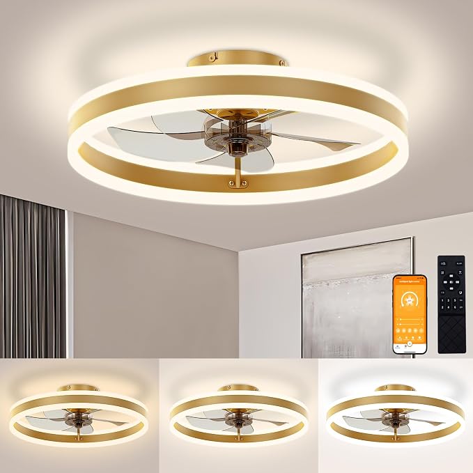 Low Profile Ceiling Fans with Lights and Remote, 19.7in Flush Mount Ceiling Fans with Light, 3000K-6500K Dimmable Fandelier