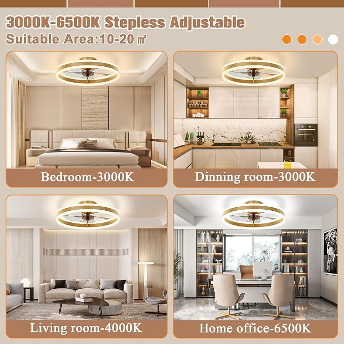 Low Profile Ceiling Fans with Lights and Remote, 19.7in Flush Mount Ceiling Fans with Light, 3000K-6500K Dimmable Fandelier