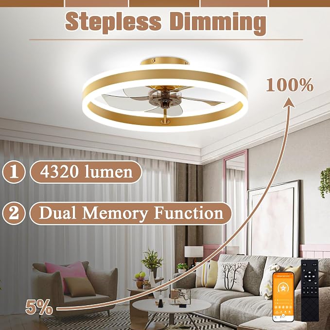 Low Profile Ceiling Fans with Lights and Remote, 19.7in Flush Mount Ceiling Fans with Light, 3000K-6500K Dimmable Fandelier