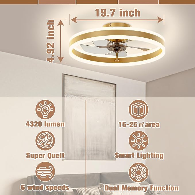 Low Profile Ceiling Fans with Lights and Remote, 19.7in Flush Mount Ceiling Fans with Light, 3000K-6500K Dimmable Fandelier