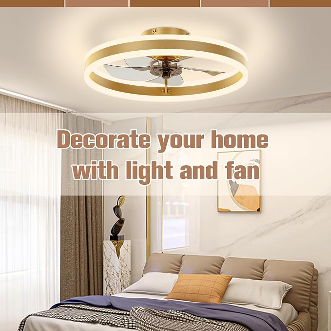 Low Profile Ceiling Fans with Lights and Remote, 19.7in Flush Mount Ceiling Fans with Light, 3000K-6500K Dimmable Fandelier