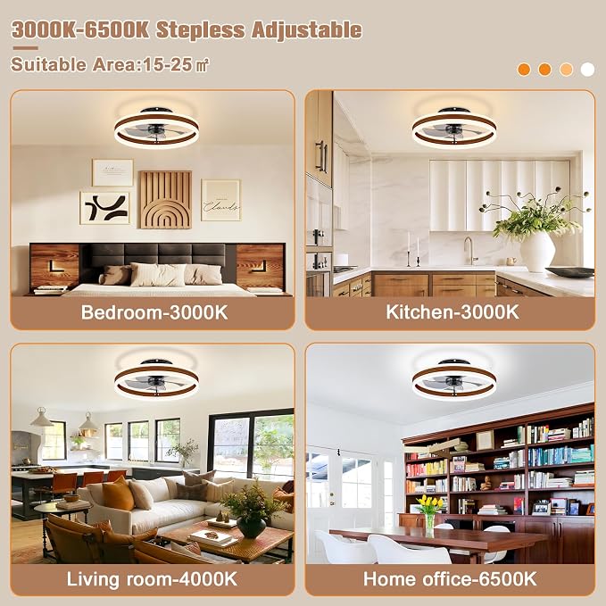Low Profile Ceiling Fans with Lights and Remote, 19.7in Farmhouse Ceiling Fans with Light Flush Mount, 3000K-6500K Dimmable