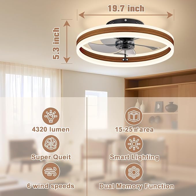Low Profile Ceiling Fans with Lights and Remote, 19.7in Farmhouse Ceiling Fans with Light Flush Mount, 3000K-6500K Dimmable