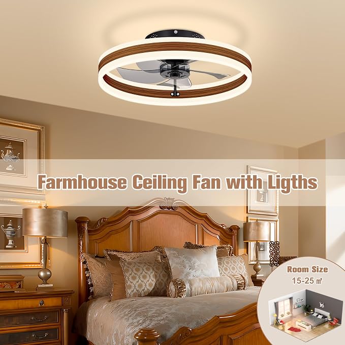 Low Profile Ceiling Fans with Lights and Remote, 19.7in Farmhouse Ceiling Fans with Light Flush Mount, 3000K-6500K Dimmable