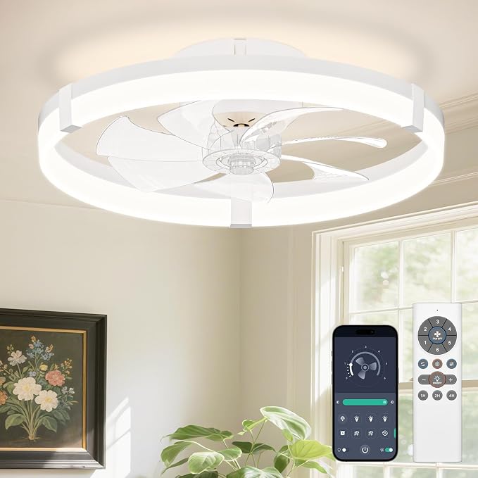 Low Profile Ceiling Fans with Lights and Remote, 19.7in Flush Mount Ceiling Fans with Light, 3000K-6500K Dimmable Fandelier
