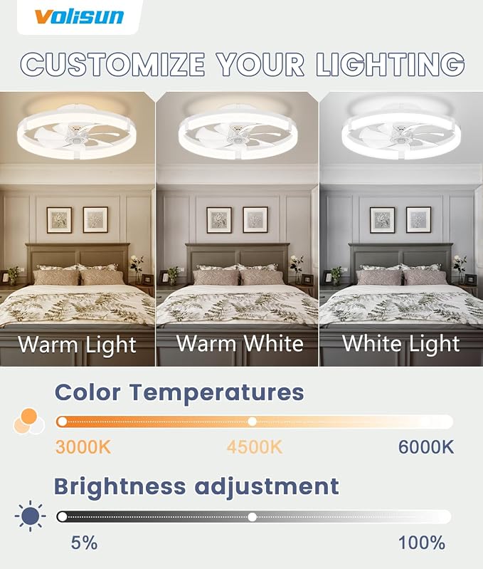 Low Profile Ceiling Fans with Lights and Remote, 19.7in Flush Mount Ceiling Fans with Light, 3000K-6500K Dimmable Fandelier