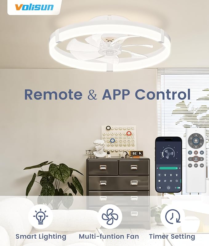 Low Profile Ceiling Fans with Lights and Remote, 19.7in Flush Mount Ceiling Fans with Light, 3000K-6500K Dimmable Fandelier