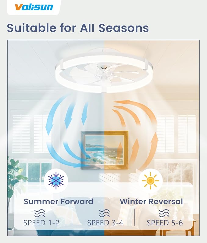 Low Profile Ceiling Fans with Lights and Remote, 19.7in Flush Mount Ceiling Fans with Light, 3000K-6500K Dimmable Fandelier