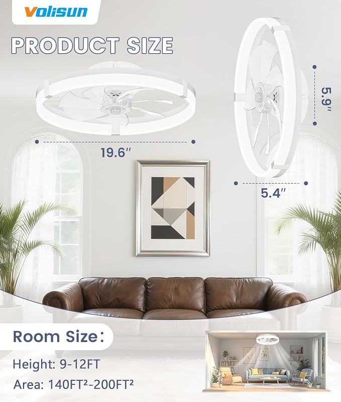 Low Profile Ceiling Fans with Lights and Remote, 19.7in Flush Mount Ceiling Fans with Light, 3000K-6500K Dimmable Fandelier