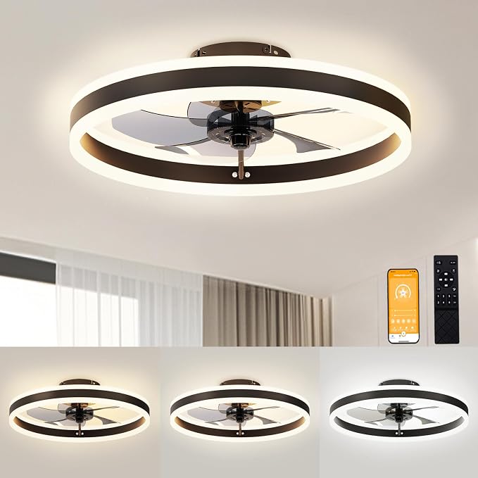Low Profile Ceiling Fans with Lights and Remote, 19.7in Flush Mount Ceiling Fans with Light, 3000K-6500K