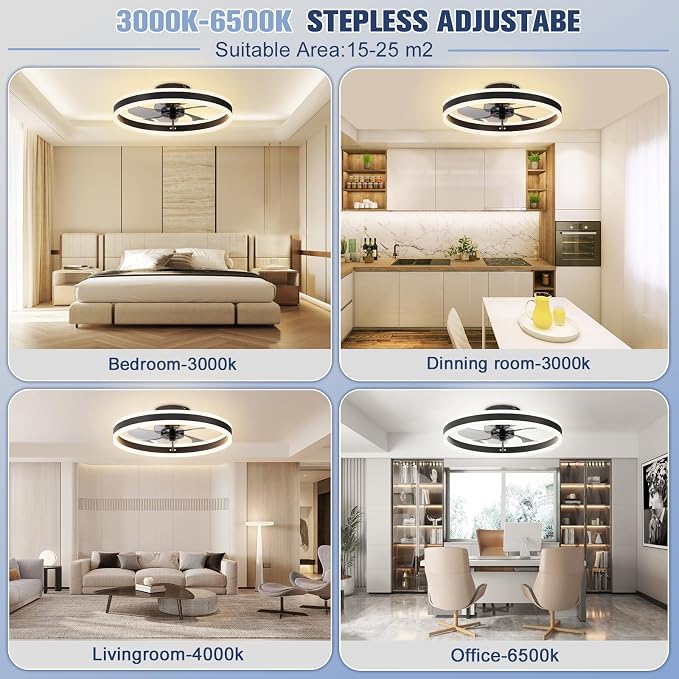 Low Profile Ceiling Fans with Lights and Remote, 19.7in Flush Mount Ceiling Fans with Light, 3000K-6500K, alternate view 3