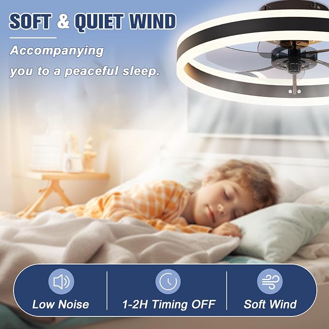 Low Profile Ceiling Fans with Lights and Remote, 19.7in Flush Mount Ceiling Fans with Light, 3000K-6500K, alternate view 5