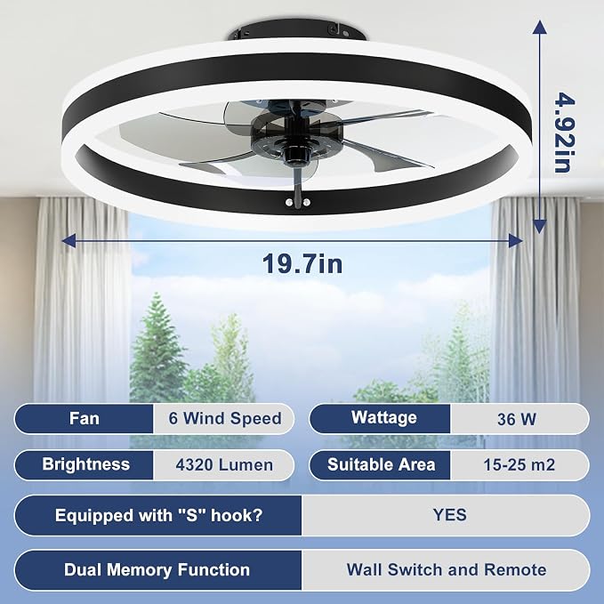 Low Profile Ceiling Fans with Lights and Remote, 19.7in Flush Mount Ceiling Fans with Light, 3000K-6500K, alternate view 7