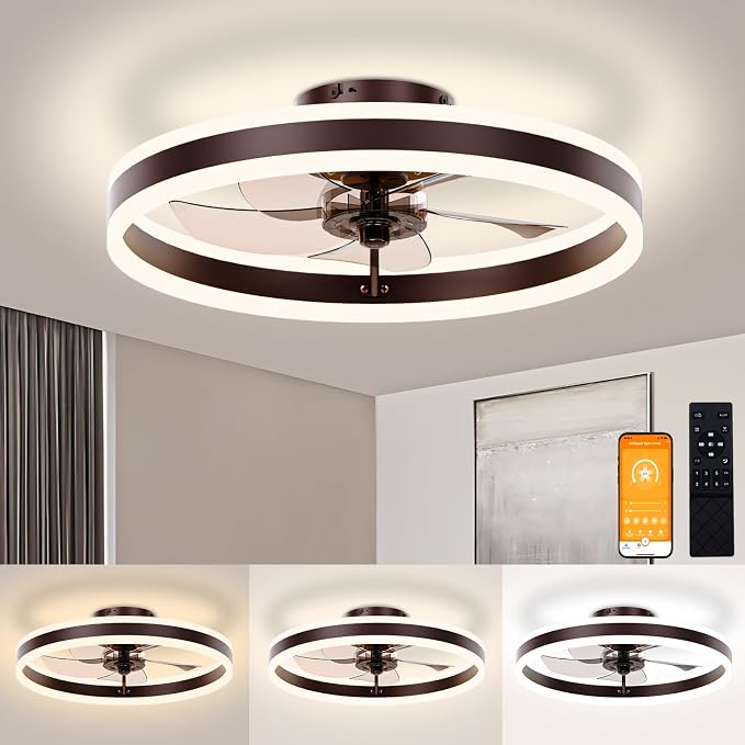 Low Profile Ceiling Fans with Lights and Remote, 19.7in Flush Mount Ceiling Fans with Light, 3000K-6500K