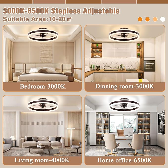 Low Profile Ceiling Fans with Lights and Remote, 19.7in Flush Mount Ceiling Fans with Light, 3000K-6500K, alternate view 2