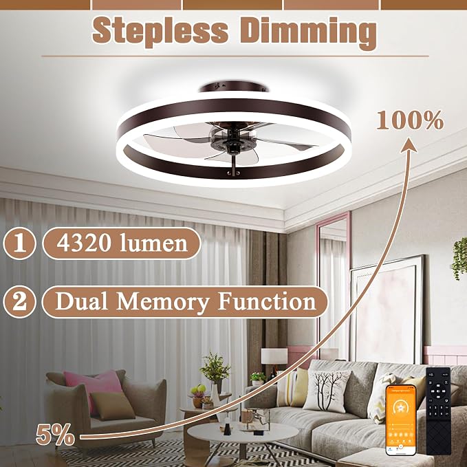 Low Profile Ceiling Fans with Lights and Remote, 19.7in Flush Mount Ceiling Fans with Light, 3000K-6500K, alternate view 4