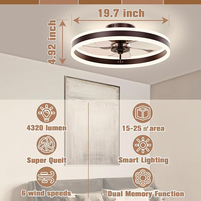 Low Profile Ceiling Fans with Lights and Remote, 19.7in Flush Mount Ceiling Fans with Light, 3000K-6500K, alternate view 6